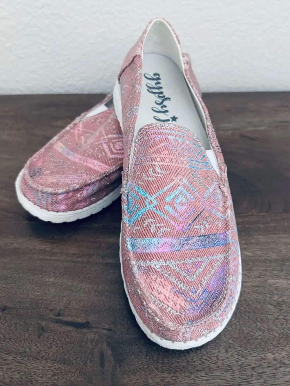 Gypsy Jazz Pink Aztec Boho Tribal Shimmery Moccasin Shoes 10